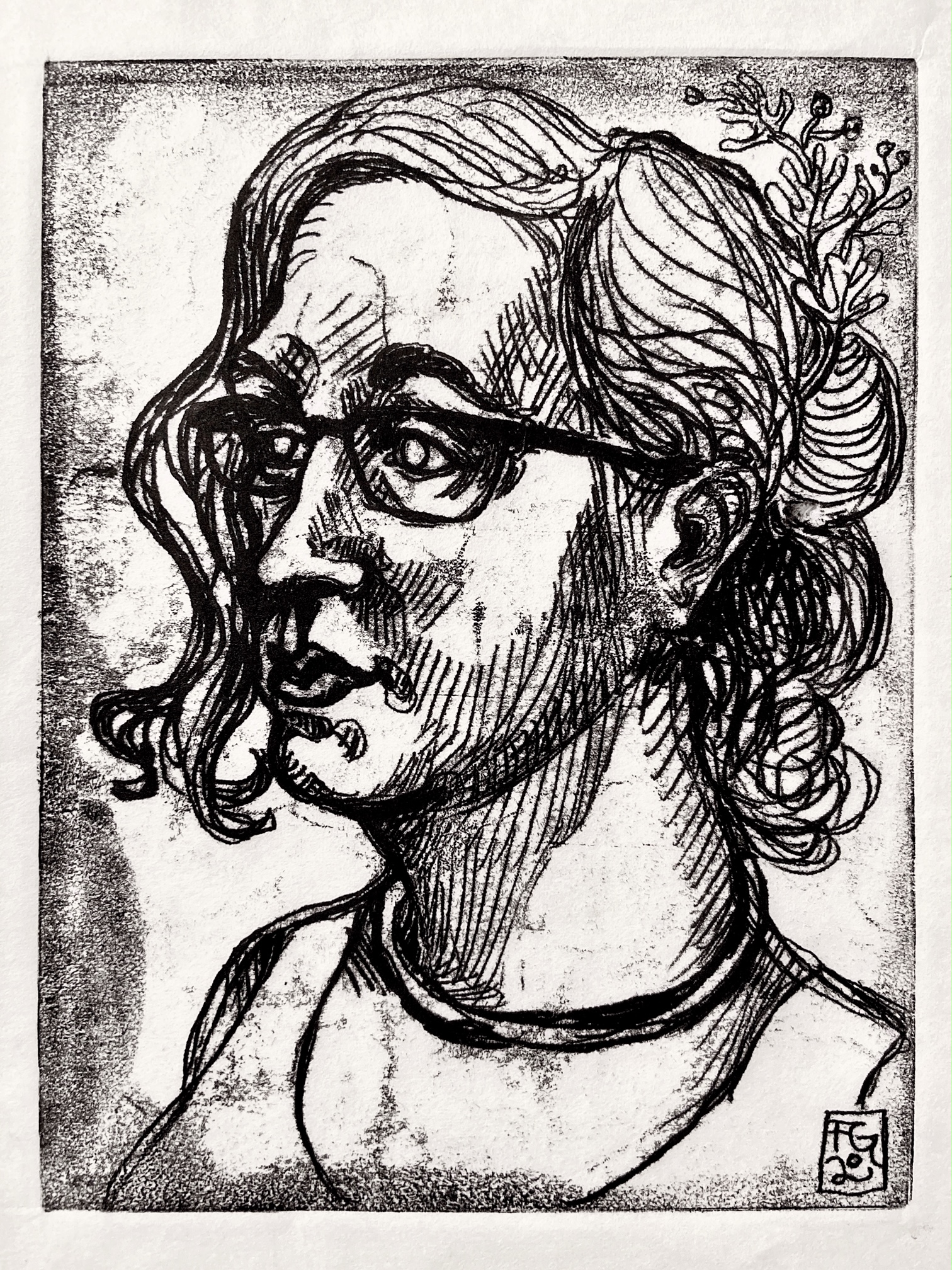 A linocut of me with a sprig of Artemisia holding up my hair